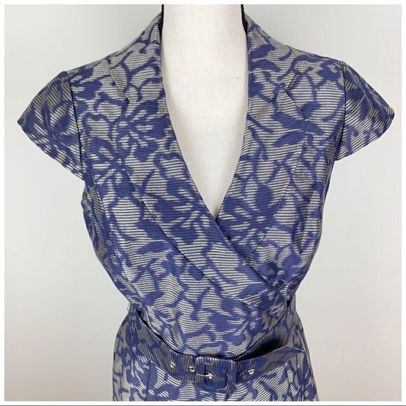 Aiden Mattox Blue and Taupe Floral Jacquard Cocktail Dress Sz 8 - Picture 3 of 12